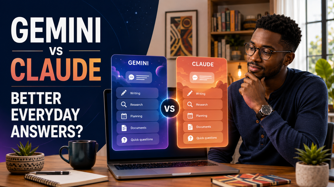 African professional comparing Gemini and Claude for useful everyday answers