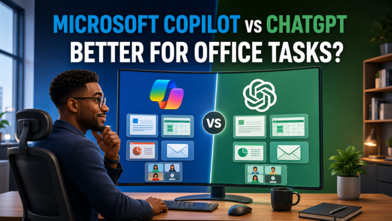 African professional comparing Microsoft Copilot and ChatGPT for office tasks