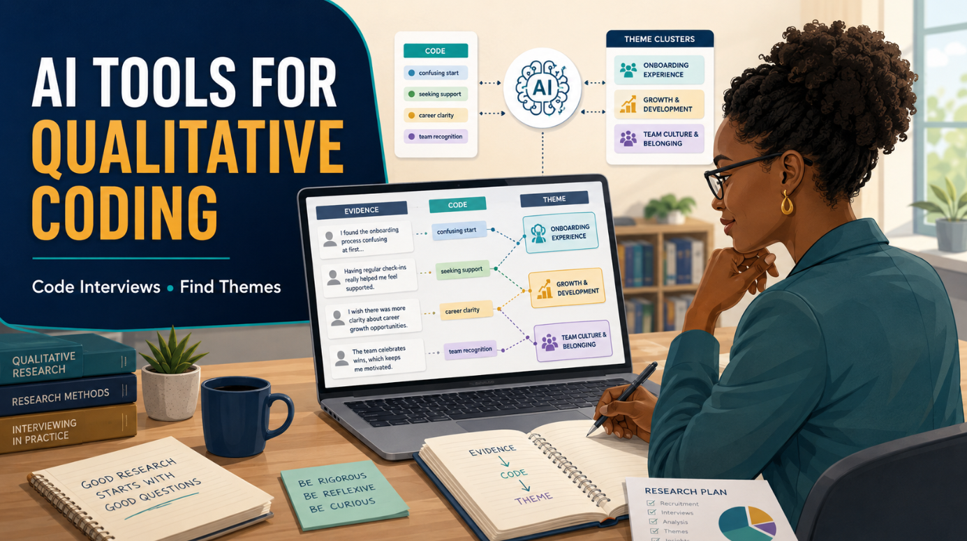 African researcher using AI tools to code interview transcripts and identify qualitative themes
