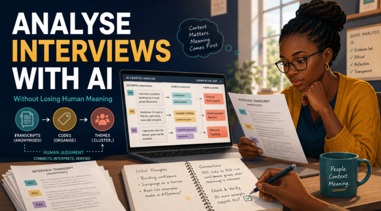African researcher using AI to analyse anonymised interview transcripts while preserving human meaning