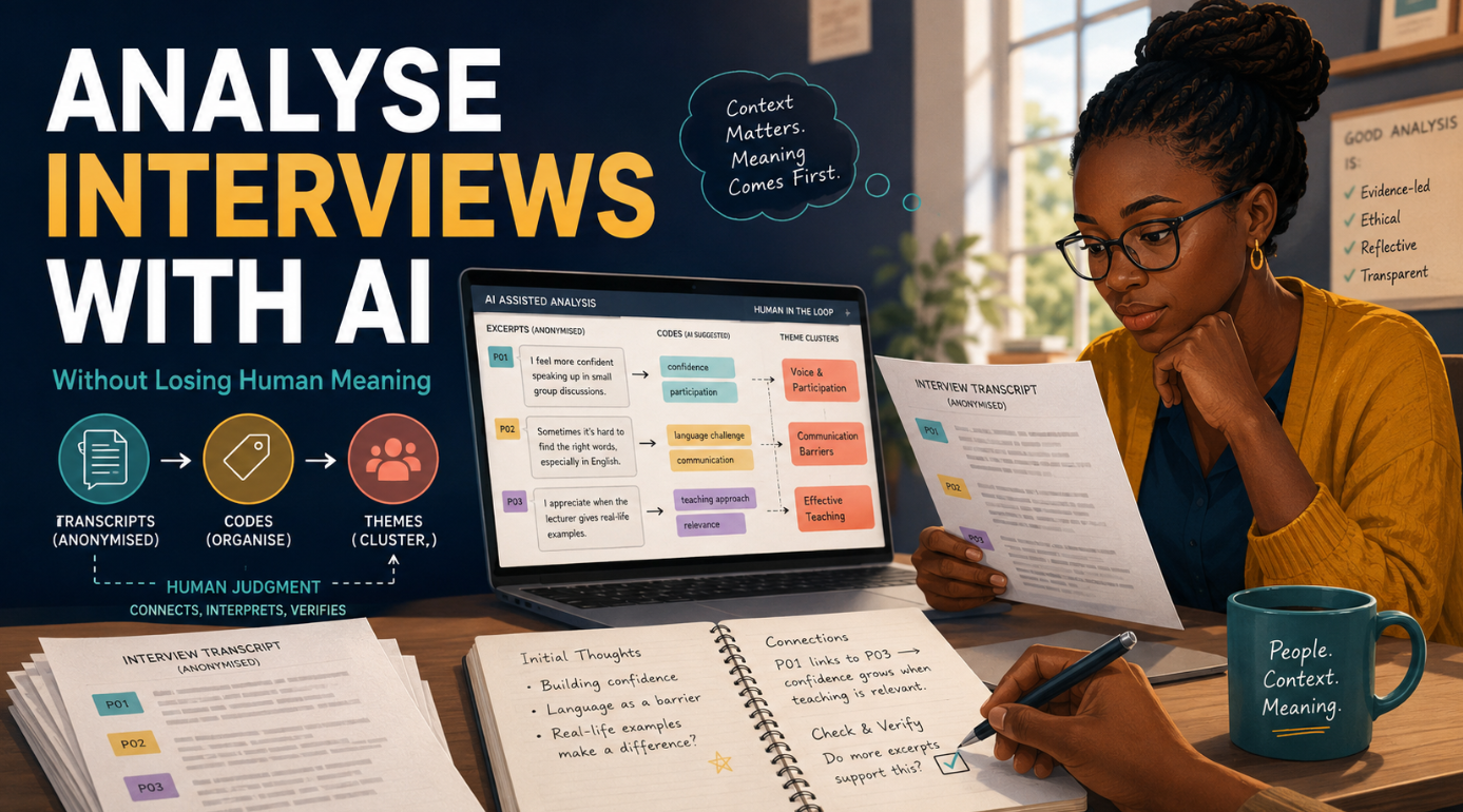 African researcher using AI to analyse anonymised interview transcripts while preserving human meaning