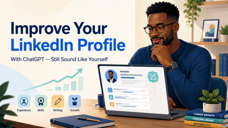 Professional improving a LinkedIn profile with ChatGPT while keeping an authentic personal voice
