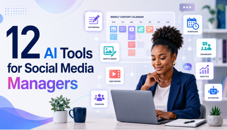 African social media manager using AI tools for content planning, design, video, scheduling and analytics