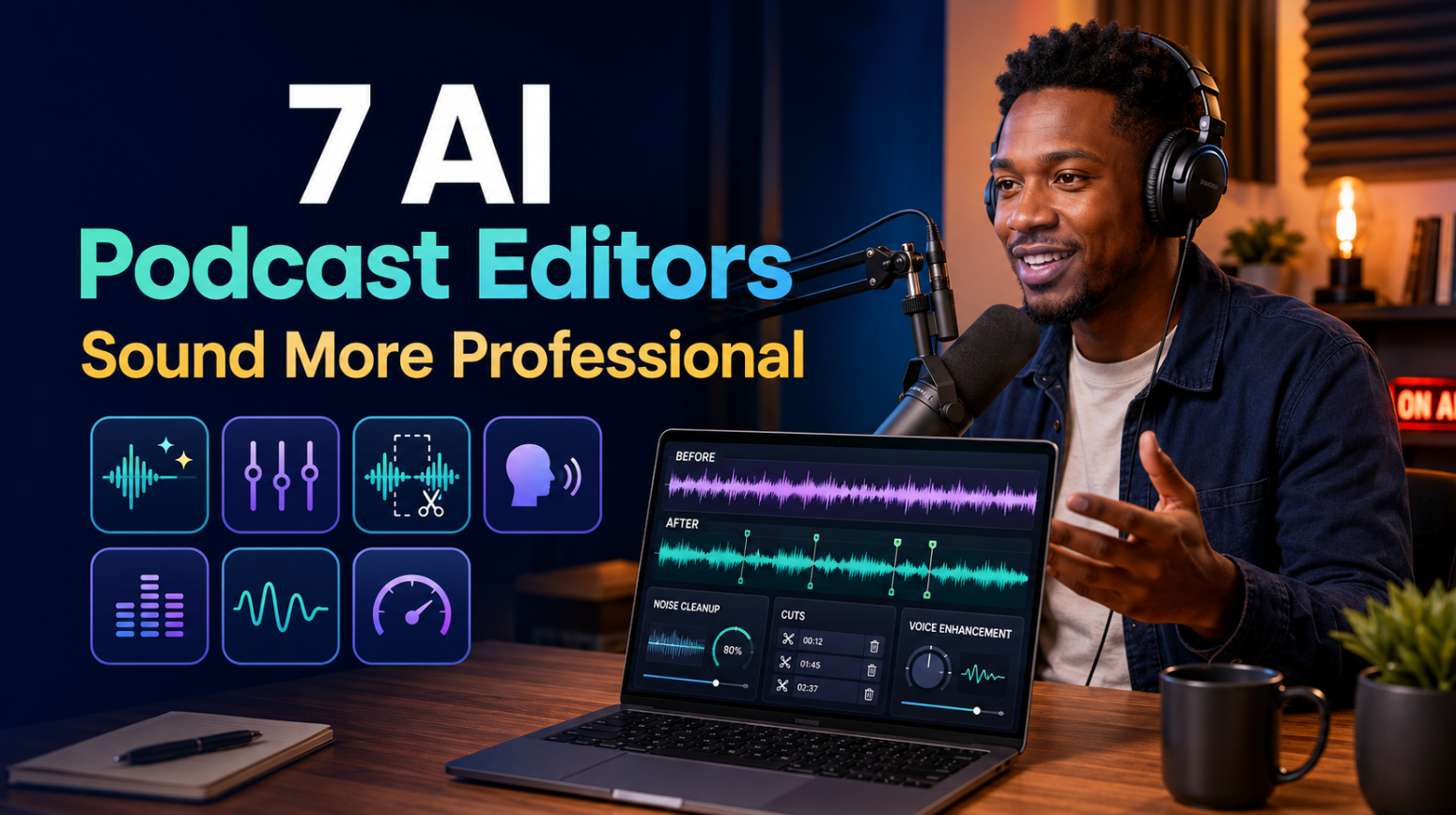 Beginner African podcaster using AI editing tools to improve podcast audio Style: Modern professional editorial design