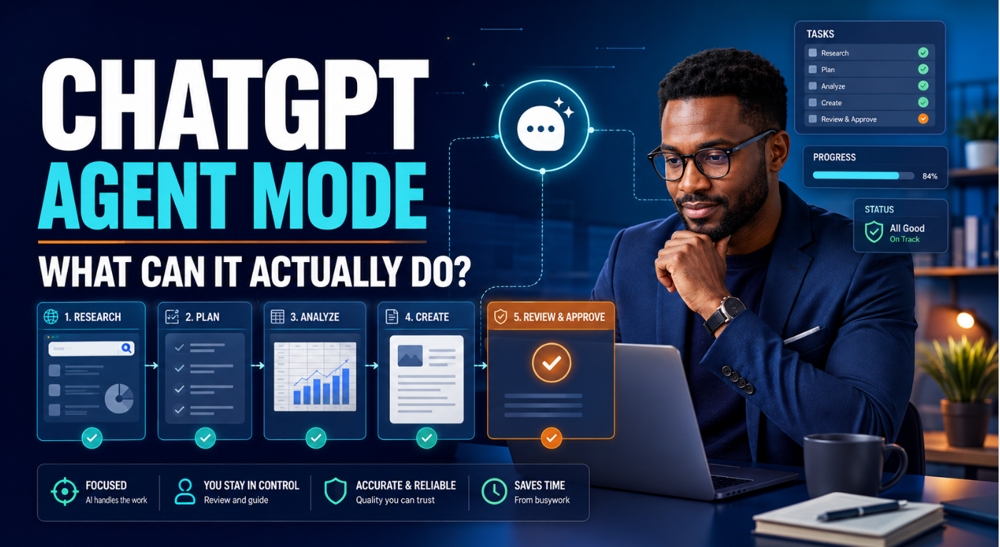 African professional supervising ChatGPT Agent Mode tasks for research, analysis, content creation and approval
