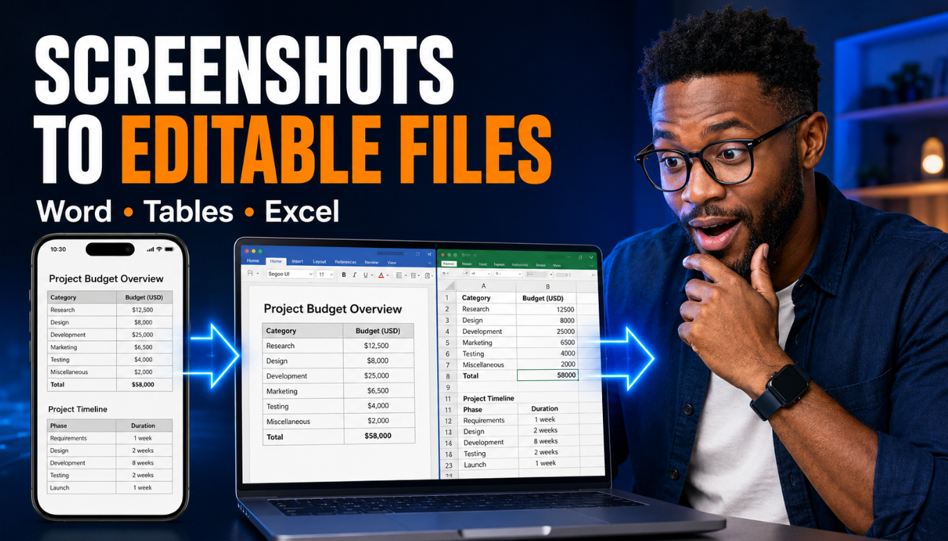 Technology professional turning a screenshot into an editable document and Excel table